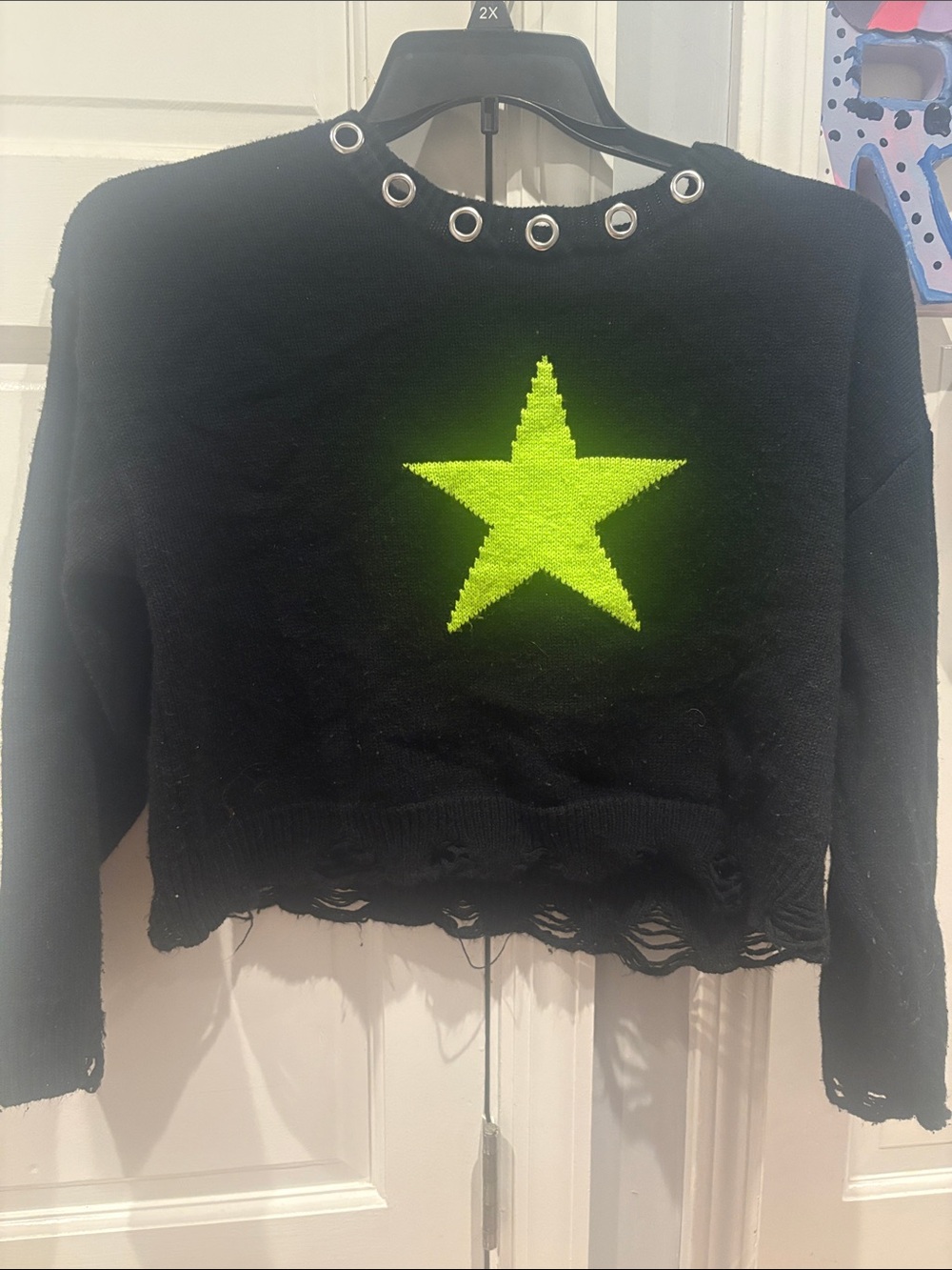 Hot Topic Black Cropped Sweater with Neon Green Star